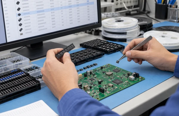Engineer matching BOM line items with electronic components and PCB reference designators