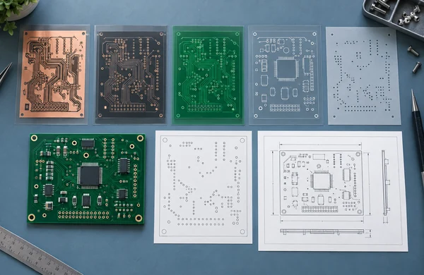 PCB fabrication package represented by layered board artwork, drill data and a fabrication drawing