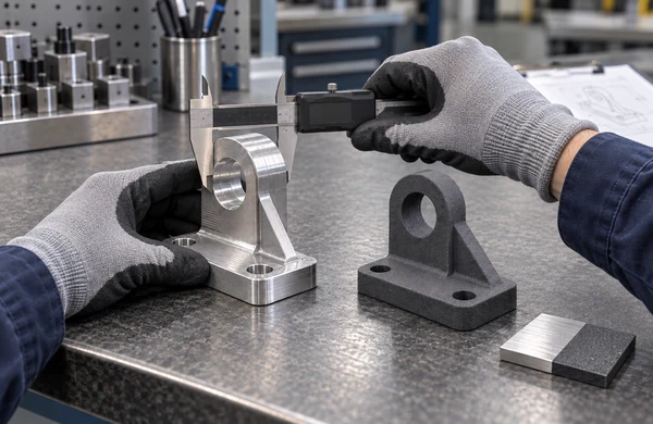 Engineer inspecting the dimensions and surfaces of machined and printed prototypes