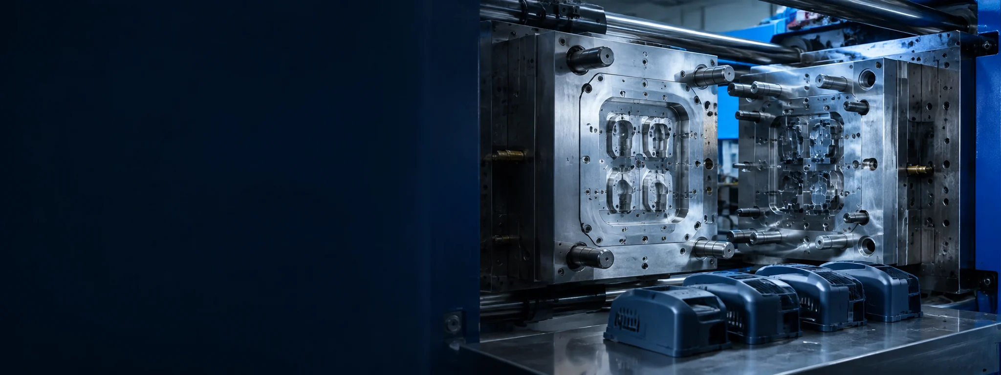 Open steel injection mold and newly molded plastic housings