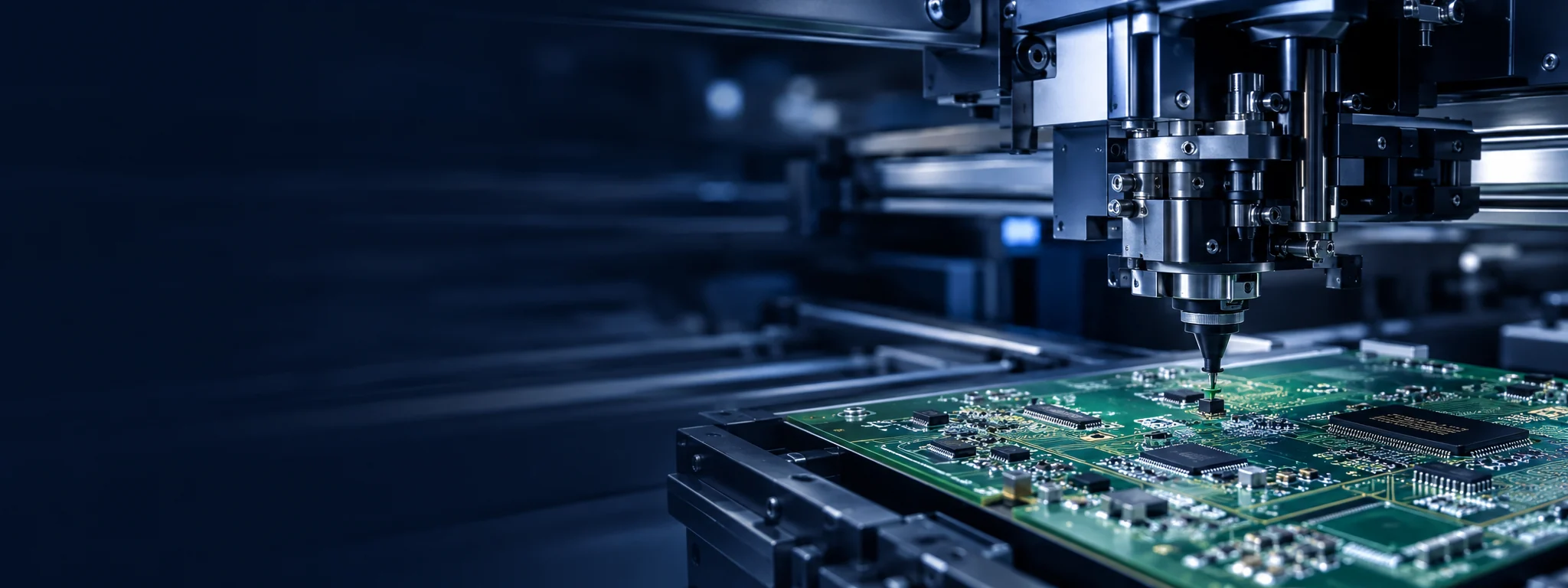 SMT placement head assembling a green printed circuit board